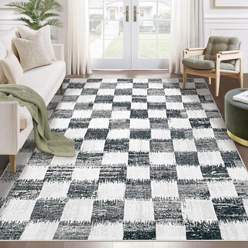 Checkered 5x7 Area Rugs, Black and White Washable Large Area Rug Soft Non Slip Kids Rug Neutral Modern Geometric Carpet for Living Room Bedroom Nursery Dining Room Dorm Home Office(Black, 5'x7')