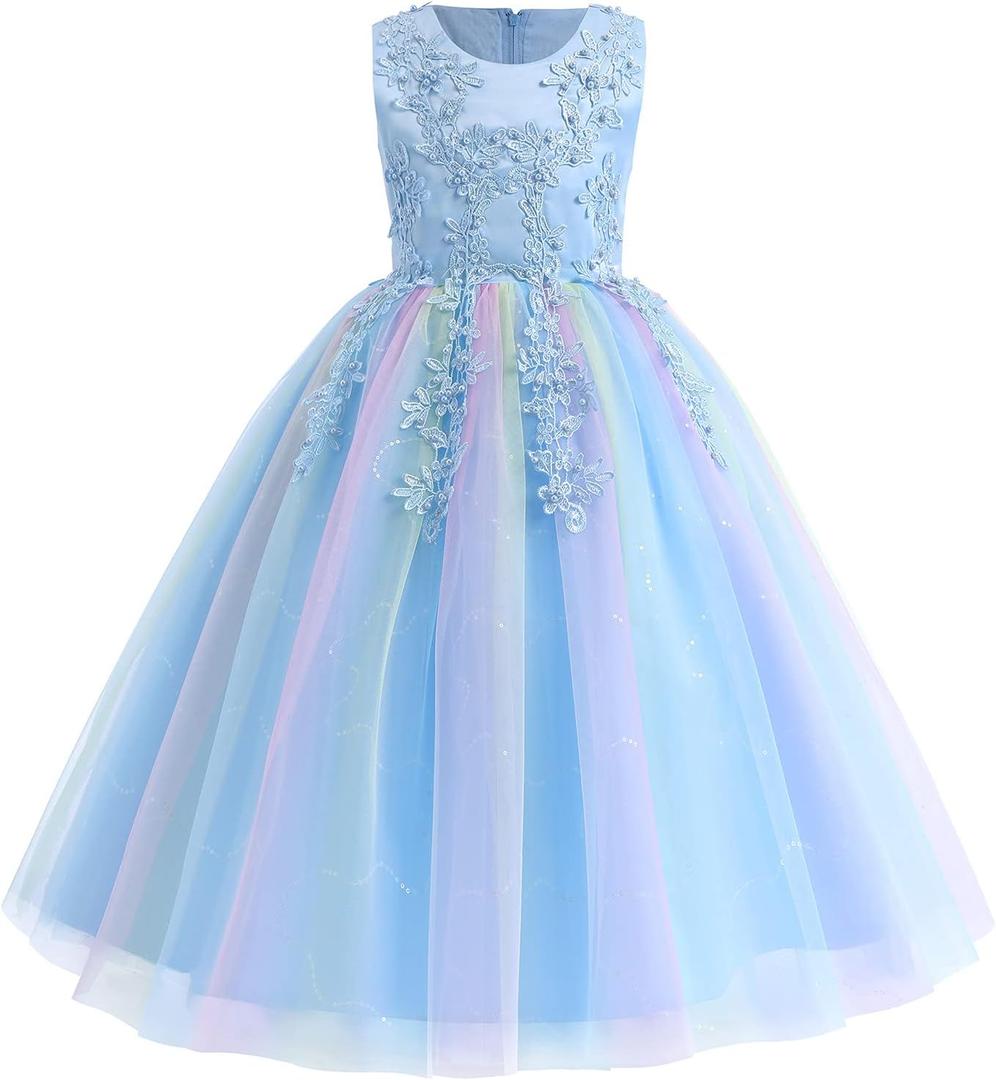 Flower Girls Embroidery Lace Bridesmaid Dress Beaded Wedding Pageant Party Princess Communion Floor Length Boho Dance Gown (Blue)