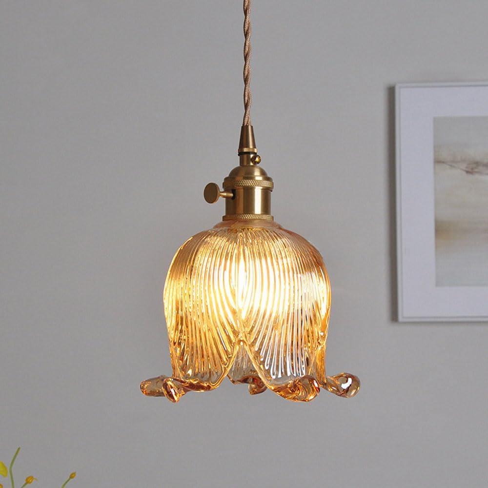 Glass Flower Pendant Light Lily of The Valley Decorative Chandelier with Adjustable Cable E27 Lamp Holder Single Lamp Lighting Fixture, Amber