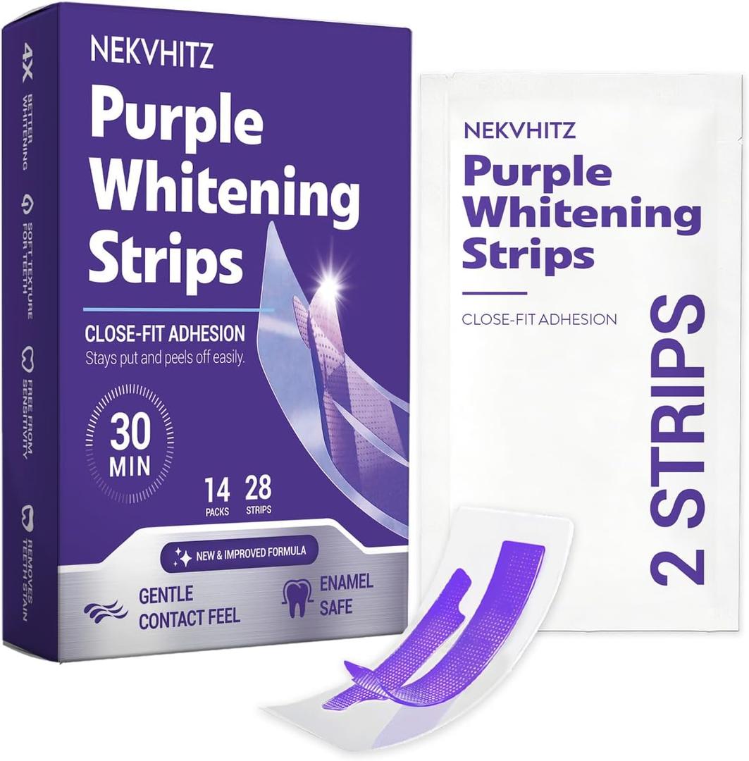 Purple Teeth Whitening Strips, 30 Min Color Correcting Whitening Strips for Teeth, Enamel Safe Tooth Whitener for Sensitive Teeth, Non-Slip Mint Strips for Yellow Stains 28 Strips / 14 Treatments