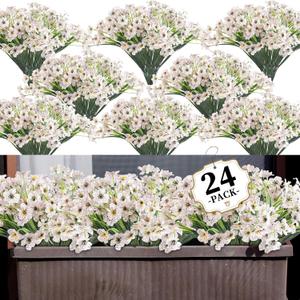 ColoPlay 24 White Bundles Artificial Flowers for Outdoors/Indoors Fake Flowers Plants for Indoor Outside Garden Porch Window Box Home Wedding Farmhouse