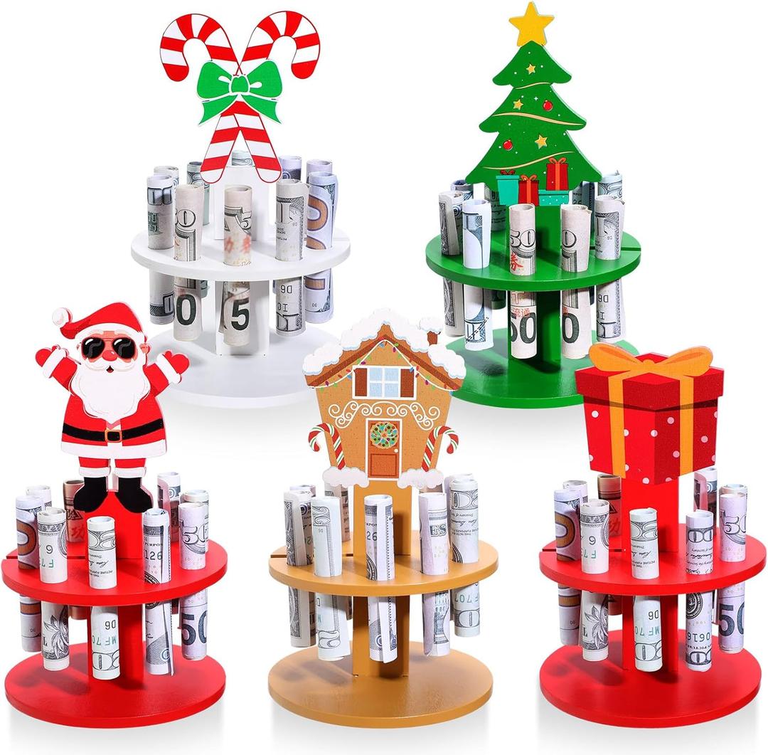 Thyle 5 Pcs Christmas Money Holder Ornaments for Cash Gift Holders with 10 Holes Wooden Balloon Cake Christmas Money Banks Tree Santa Claus Ornaments Holiday Party(Elegant Style)