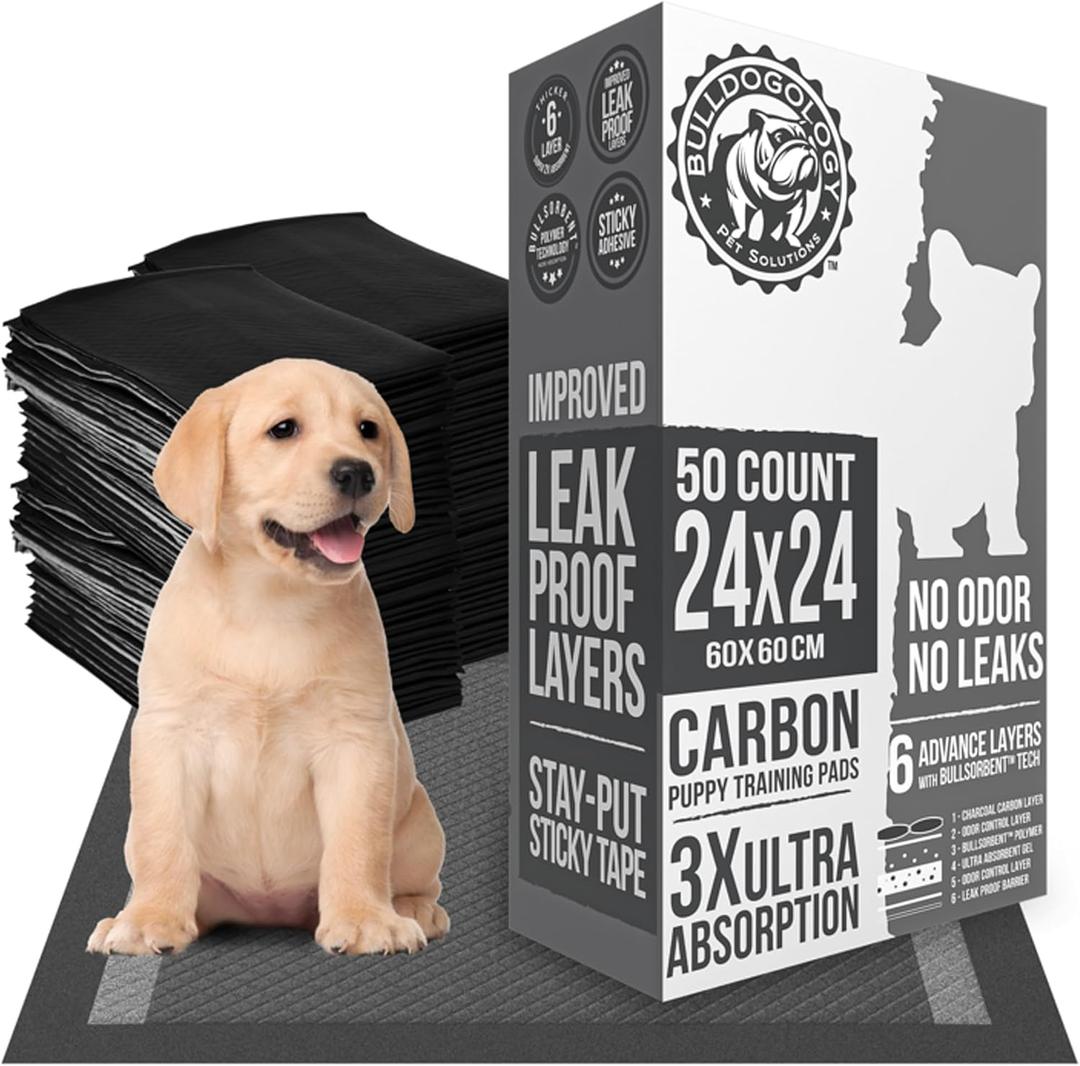 Bulldoglogy 50-Count Carbon Black Dog Pads Puppy Training Pads with Adhesive Tape 24x24 - Large Charcoal Puppy Pads Dog Training Wee Pads, Odor Control Thick Pee Pads for Dogs Extra Quick Dry