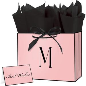2 x Linelglobal Pink Letter Gift Bag with Handles for Women 12.6" Anniversary Wedding Party Includes Envelope, Card, Wrapping Paper - Initial M, 1 count