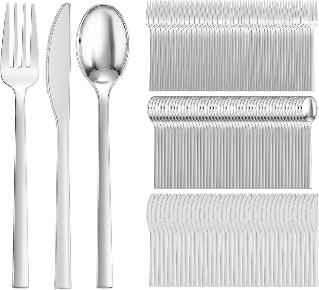 DaYammi 150 Pcs Silver Plastic Silverware, Silver Disposable Cutlery Heavy Duty Disposable Silverware Include: 50 Plastic Forks, 50 plastic Spoons and 50 Knives for Party Wedding