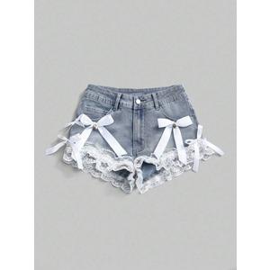 Y2K Lace Trim Shorts Low Waist Bow Ruffle Mini Shorts Coquette Kawaii Denim Look Hot Pants Gothic 2000s Streetwear, Size: M