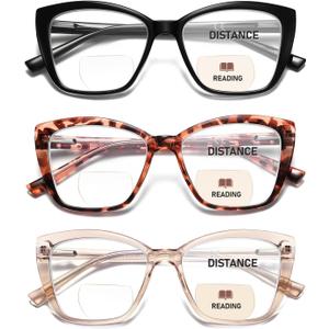 Bifocal Reading Glasses Women Cat Eye Oversized Blue Light Blocking Computer Readers Designer Clear Top Eyewear PT2001 (Bifocals black&tortoise&brown Crystal)