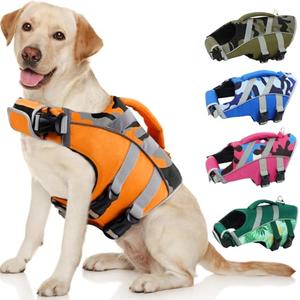 Kuoser Dog Life Jacket with Reflective Stripes, Dog Life Vest for Swimming Boating, Adjustable Pet Lifejackets with High Flotation, Doggie Swimsuit for Dogs, M