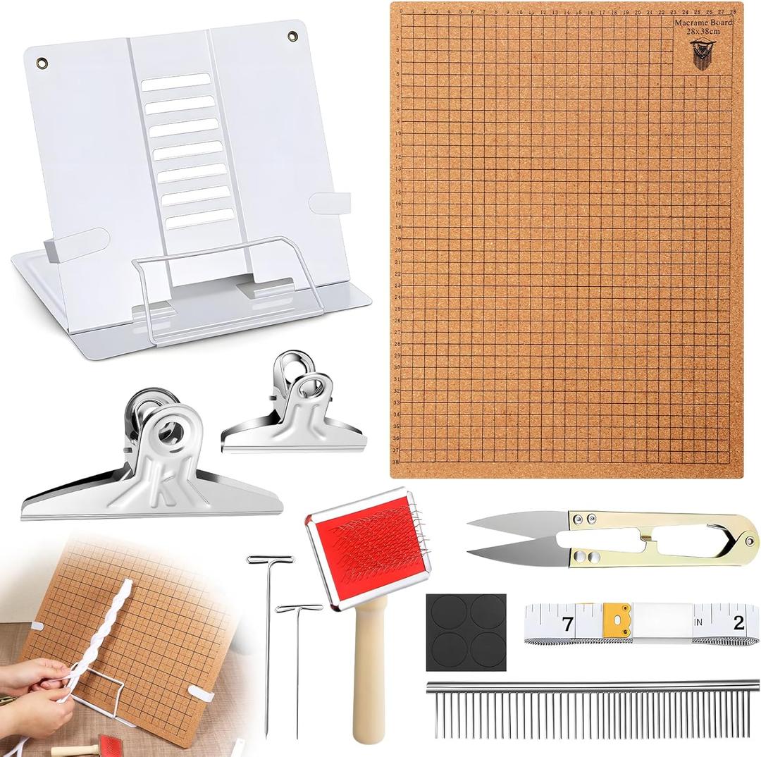 SHENLIU 108 Pcs Macrame Kit 1216 Inch Macrame Board and Pins, Double Sided Grids Handmade Braiding Making Board, Metal Adjustable Holder, Brush Scissor Ruler for Bracelet Creating, Knotting Creations