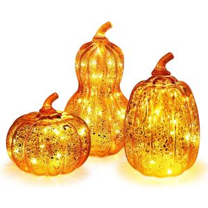 DECORKEY Fall Decorations for Home, Set of 3 Glass Pumpkin with LED Lights Thanksgiving Table Decor, Timer Lighted Pumpkin Decorations for Indoor Fall Mantel Decorating (DKGG-4054)