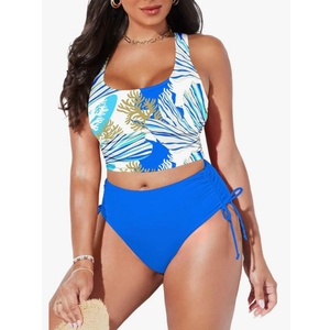 Pink Queen Women's Scoop Neck Racerback Ruched Crop Top High Waisted Bikini Sets 2 Piece Swimsuit Bathing Suit XL