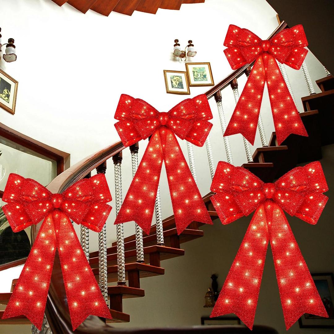 Liliful 4 pieces 18 x 32 In LED Christmas Wreath Bows Extra Large Bows 72 LED Lights Wreath Huge Bow Door Wall Xmas Tree Top Decor for Indoor Outdoor Winter Xmas Party