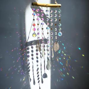 13.1 Inch Crystal Suncatcher with Natural Wood & Leaf Charms - Colorful Hanging Window Ornament for Christmas Tree
