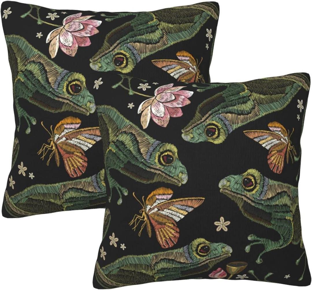 Vintage Frogs Lotus Flowers and Butterfly Throw Pillow Cover Set of 2 Decorative Square Pillowcase Throw Cushion Case for Bedroom, Living Room, Sofa, Couch and Bed, 18 x 18 Inches