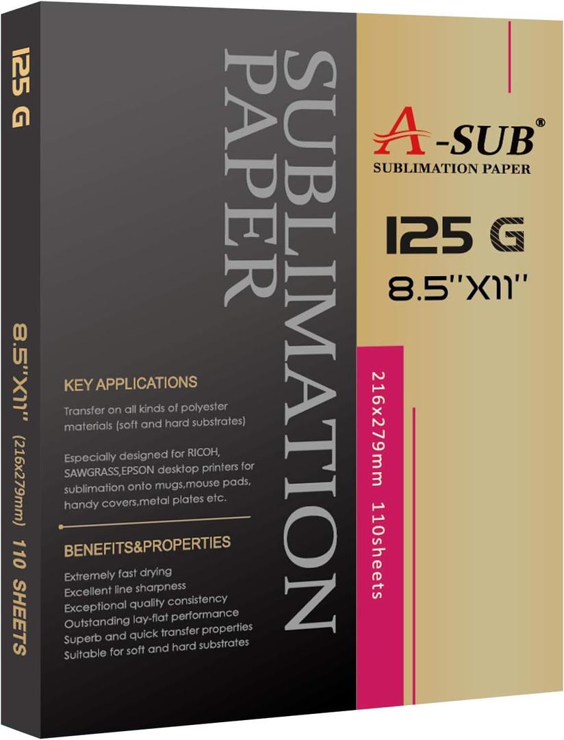 A-SUB Sublimation Paper 8.5x11 Inch 110 Sheets ONLY Compatible with Sublimation Printer and Sublimation Ink 125g (8.5"x11")
