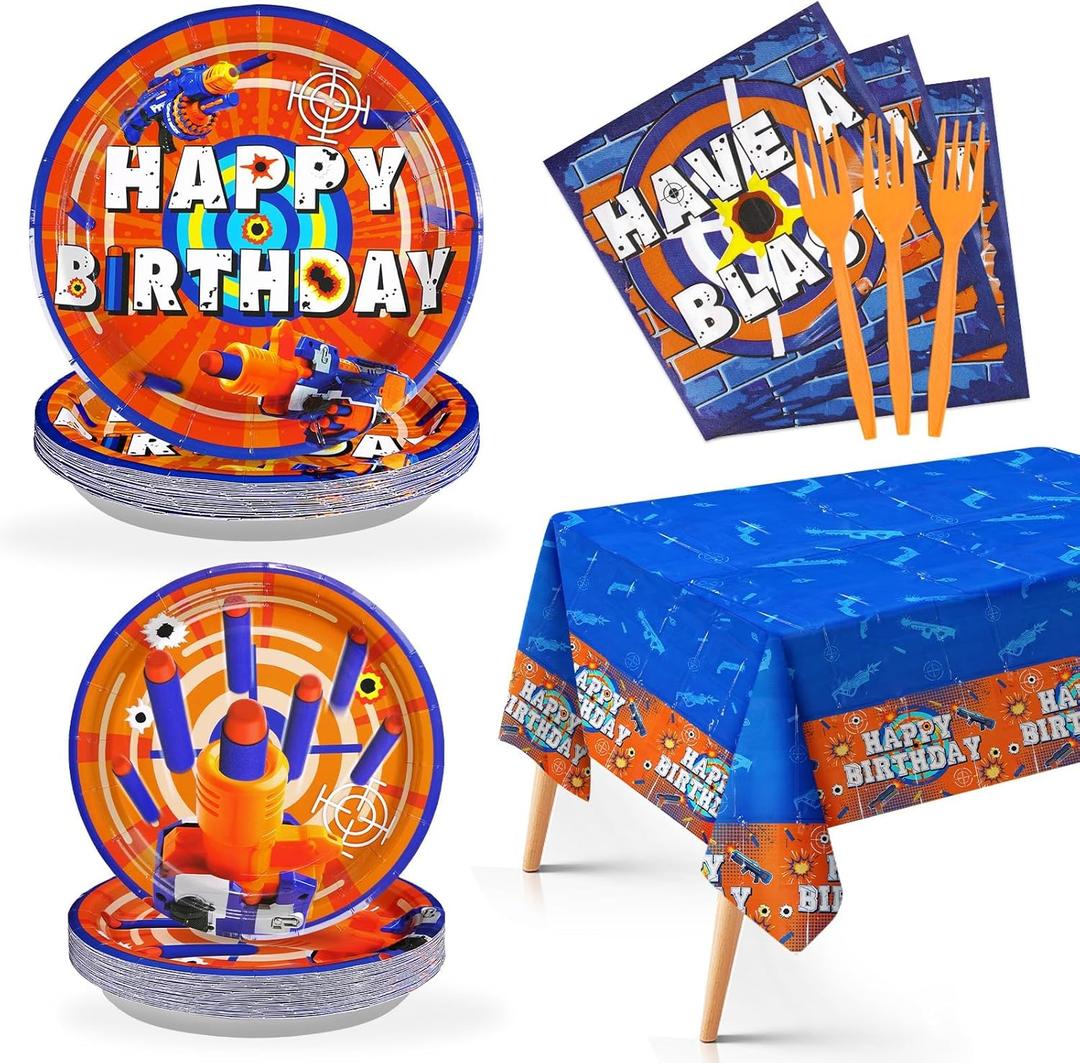 Grencian 98Pcs Dart War Birthday Party Decorations Dart War Plates Napkins Forks Tablecloths Disposable Paper Tableware Set for Kids Boys Girls Birthday Baby Showr Party Supplies, Serve 24