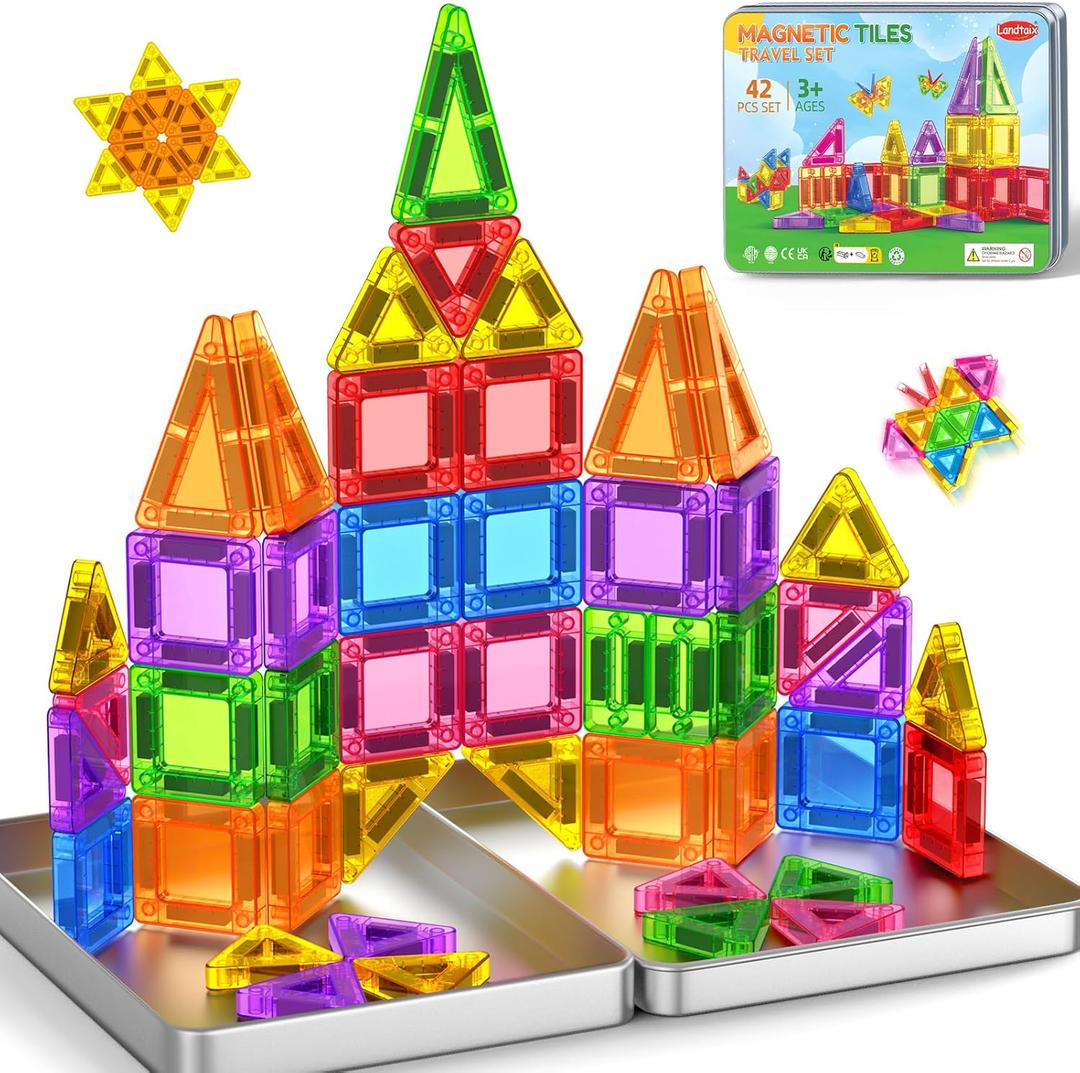 Mini Magnetic Tiles Travel Magnetic Tiles with Iron Box,42PCS Magnet Building Block Set Travel Toys for Kids Ages 3+,Educational Portable Magnet Toys Gifts for Toddlers Boys & Girls Christmas Birthday
