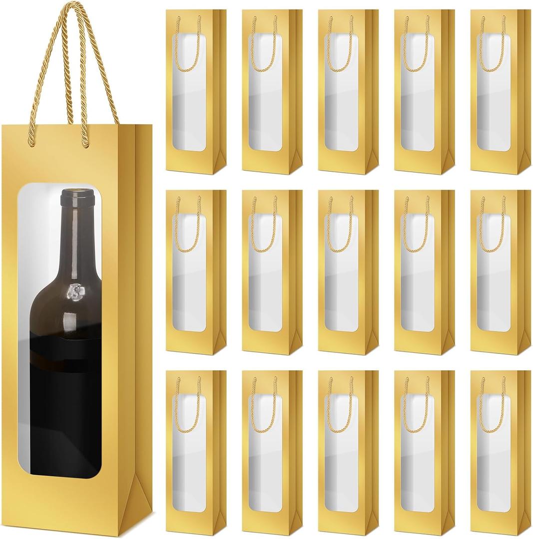 Tioncy 24 Pcs Single Wine Bottle Gift Bag Bulk Wedding Champagne Boxes with Clear Window Handles Reusable Holiday Party Favor(Gold)