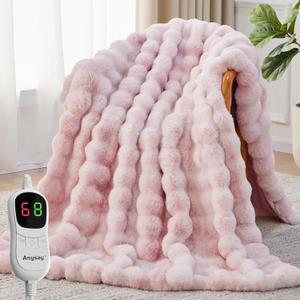 Anysay Heated Blanket Throw with 1/2/4/6/8 Hours Auto-Off 10 Heat Level, 62'' * 84'' Cozy Faux Rabbit Fur Bubble Electric Blanket with Overheat Protection(Tie-Dye Pink)
