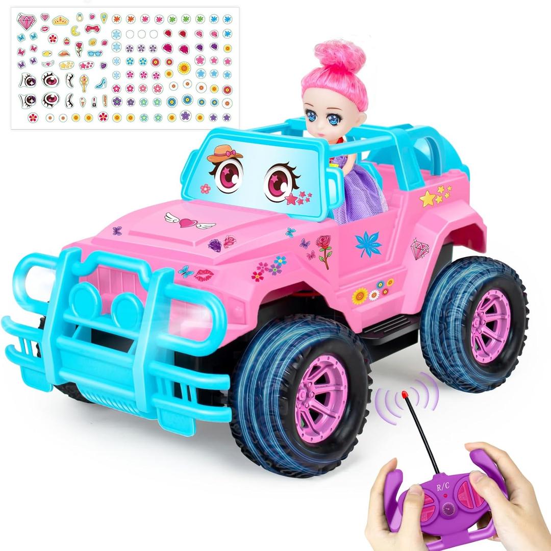 Remote Control Car- RC Truck with DIY Stickers and Doll for Kids Girls Birthday, 1:20 Scale RC Truck Full Functions Creative Racing Car for Toddlers Kids Indoor Outdoor Games, Pink