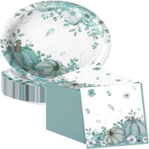 Maxdot 100 Pcs Fall Plates and Napkins 10 x 12 Inch Heavy Duty Oval Thanksgiving Paper Plates Disposable Watercolor Pumpkin Dinnerware Set for Fall Thanksgiving Party Decorations Supplies, Serves 50