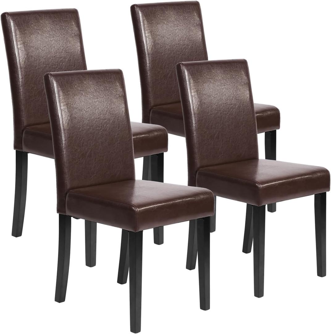 FDW Dining Chairs Set of 4,Dining Room Chairs,Side PU Cushion Chairs with Waterproof Surface and Wood Legs,for Kitchen Restaurant and Living Room,Leather Brown
