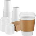GUSTO [50 Sets - 12 oz. Disposable White Coffee Cups with White Lids, Sleeves - To Go Paper Hot Cups (Formerly Comfy Package)