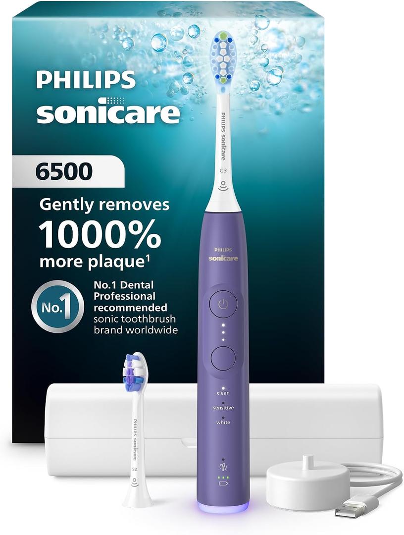 Philips Sonicare 6500 Series Electric Toothbrush - Next-Generation Sonicare Technology, Pressure Sensor, 9 Brushing Settings, SmarTimer, BrushPacer, 21-Day Runtime, Travel Case, Purple, HX7417/05