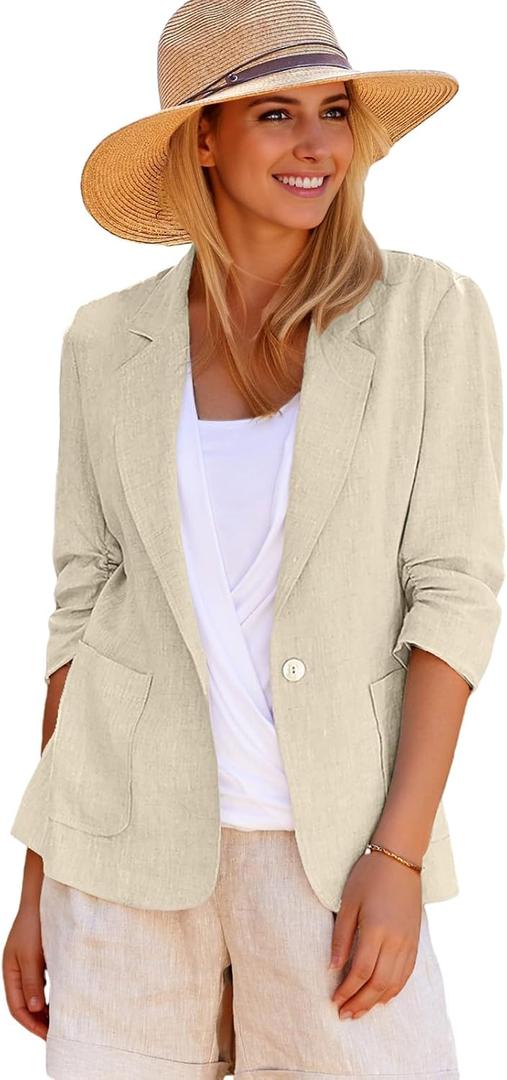 2025 Summer Linen Blazer Women Lightweight 3/4 Stretchy Ruched Sleeve Fully-Lined Casual Work Jacket with Pockets (Medium, 1-beige)