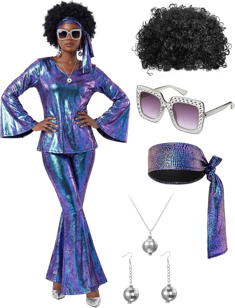 Jexine 70s Women Disco Outfit Costume Disco Party Top Pants Sunglasses Ball Necklace Earring Wig for Halloween New Year Eve (XX-Large, Laser Purple)