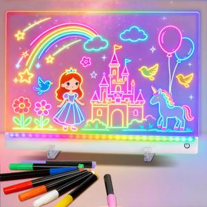Rechargeable Led Drawing Board for Kids, 11.8*7.9" Dry Erase Board, 4 Modes &7 Colors Glow Doodle Note Board, Include Hanging Chain, 2 Stands, 8 Markers, Spray Bottle, Cleaning Cloth, Kid Girls Gifts