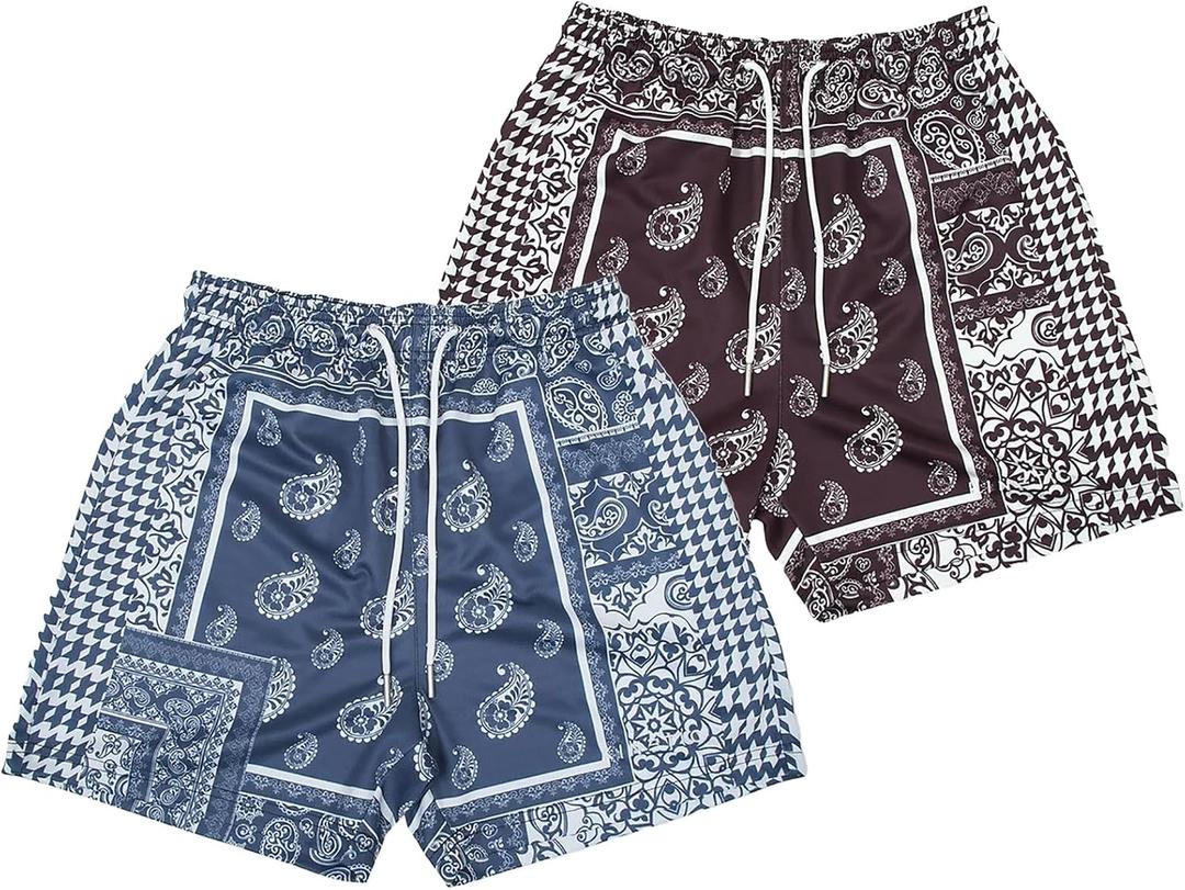 MECH-ENG Men's Paisley Shorts (2 Pieces) Mesh Graphic Bandana Print Boho Summer Beach Lightweight Drawstring Shorts (Navyblue+brown)