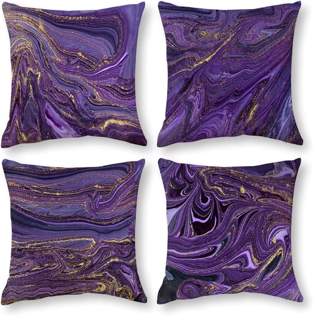 Purple Gold Marble Pillow Covers Set of 4 Purple Decorative Throw Pillow Cases for Sofa Couch Bed Chair Living Room Decor Abstract Cushion Covers 18"x18"