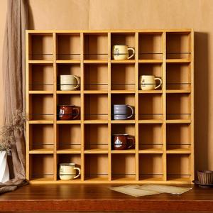 Kigley Oversize Coffee Mug Display Rack Wooden Shelves Rustic Shot Glass Display Case Travel Mug Shelf Wall Mounted Rack Holder Shadow Box (5 x 6,Light Nut-Brown), 32.68 Inches X 35.83 Inches X 4.13 Inches