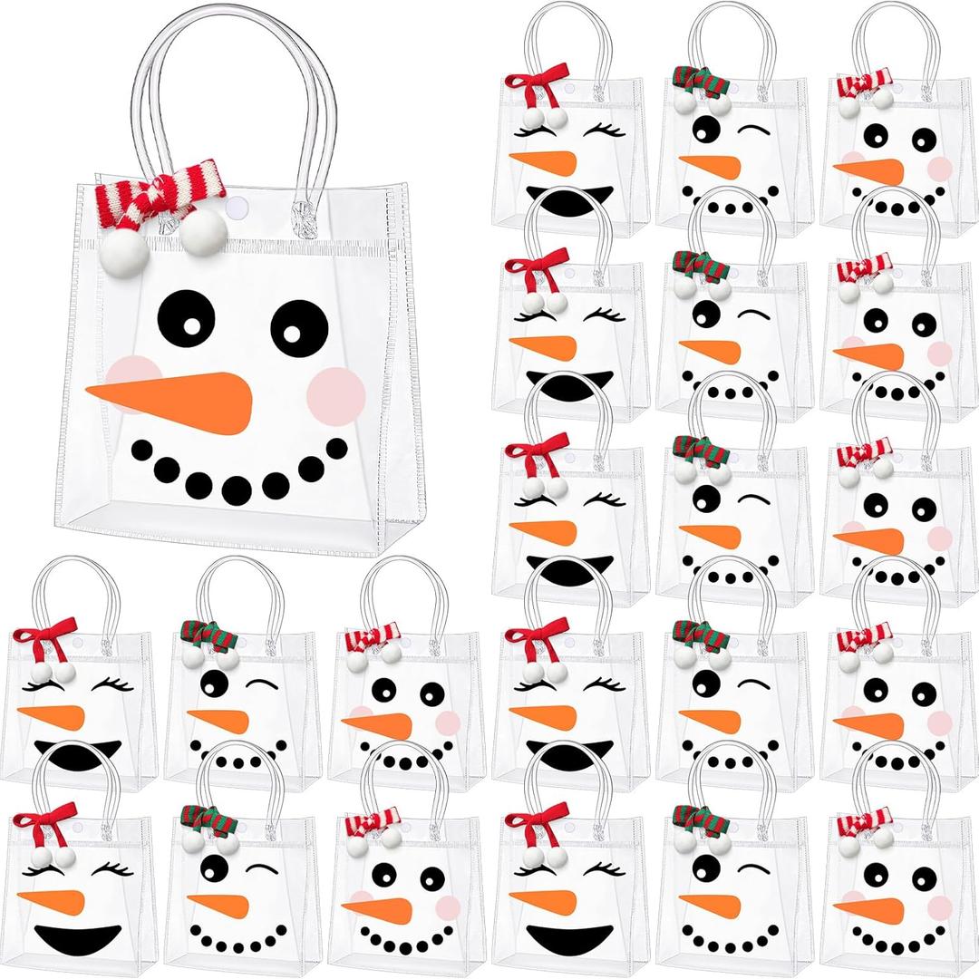 SilTriangle 24 Pcs Christmas Snowman Clear Gift Bags with Handles Snowman Party Favors Bags with Scarf Reusable Plastic Christmas Candy Treat Goodie bag for Xmas Gift Wrapping Party Favor Supplies