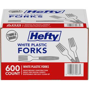 Hefty Bulk Plastic Forks, 600 Count, White Disposable Forks for Offices, Concessions Stands, Food Trucks, School Cafeterias, Catering, and More