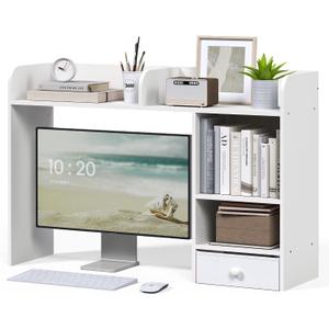 LAND·VOI Desktop Bookshelf with Drawer, Desk Hutch with 4 Storage Shelves for Computer Desk, Desk Shelf for Home Office Dorm, Dressing Tabletop, Bar Countertop, White, 37.2 x 10.24 x 24.61 inches