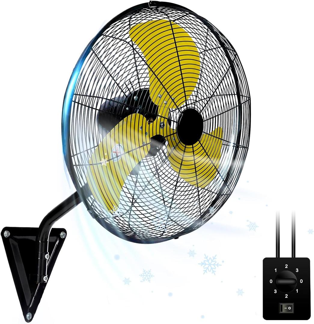 20In Wall Mount Fan, 120° Oscillating Fan and High Velocity 3-Speed Wall Fans, 5500 CFM Industrial Outdoor Wall Fans for Commercial, Garage, Residential, Warehouse - Etl Listed, Yellow