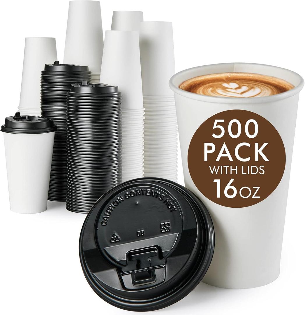 Vplus 500 Pack 16 OZ Paper Coffee Cups, Disposable 16 OZ Coffee Cups With Lids, Cold/Hot Drinking, For Home, Traveling, Stores, Office, And Events (White)