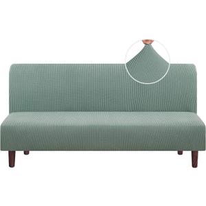 PrinceDeco Armless Futon Cover Stretch Sofa Bed Slipcover Protector Elastic Feature Rich Textured High Spandex Small Checks Jacquard Fabric Futon Cover, Machine Washable, Sage