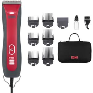 Kong 3-Speed Dog Clipper Grooming Kit  Stainless Steel Blade, Waterproof, LED Spotlight, 6 Guide Combs, 10-Foot Cord, Ergonomic Handle  Red/Gray, All Coat Types
