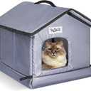 Outdoor Cat House Weatherproof & Insulated for Winter - Upgraded Seamless Bottom Feral Cat Shelter, Waterproof Cat Houses for Outdoor Cats, Easy to Assemble Outside Cat House with Mat (Grey, S)