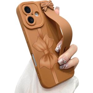 Cute Bow Case for iPhone 16 with Finger Hand Wrist Strap | Ribbon Design with Adjustable Wristband Kickstand Soft TPU Camera Protection Phone Cover for Women Girls - Brown Bow