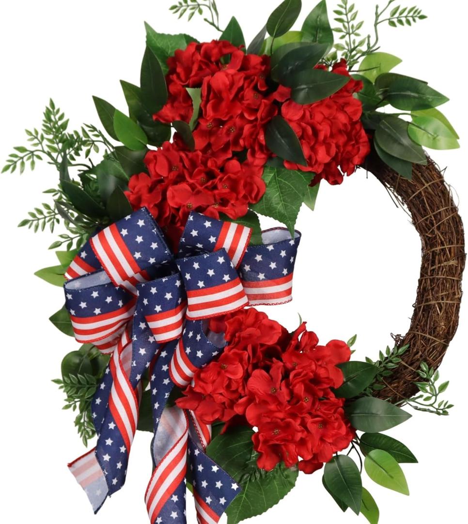22IN Artifical Patriotic Wreath Fourth of July Wreath with Hydrangeas Ivy Spring Summer Wreath for Front Door Wall Decor Indoor Outdoor