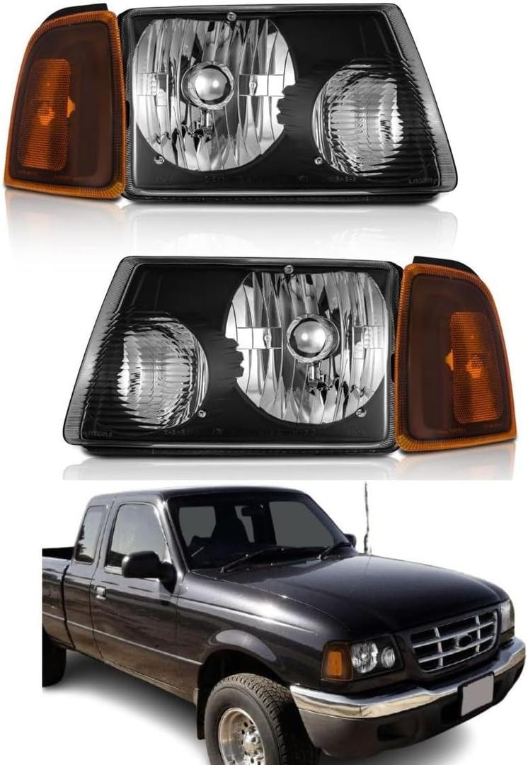 Headlight Assembly compatible with 2001-2011 Ford Ranger Driver And Passenger Side (Black Housing + Amber Reflector)