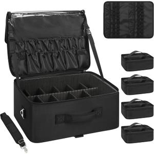 Relavel Extra Large Makeup Case Professional Cosmetic Storage Organizer Box Brush Holder with 4 Clear Set Bags & Lipstick Plate for Makeup Artists with Shoulder Strap & Adjustable Dividers
