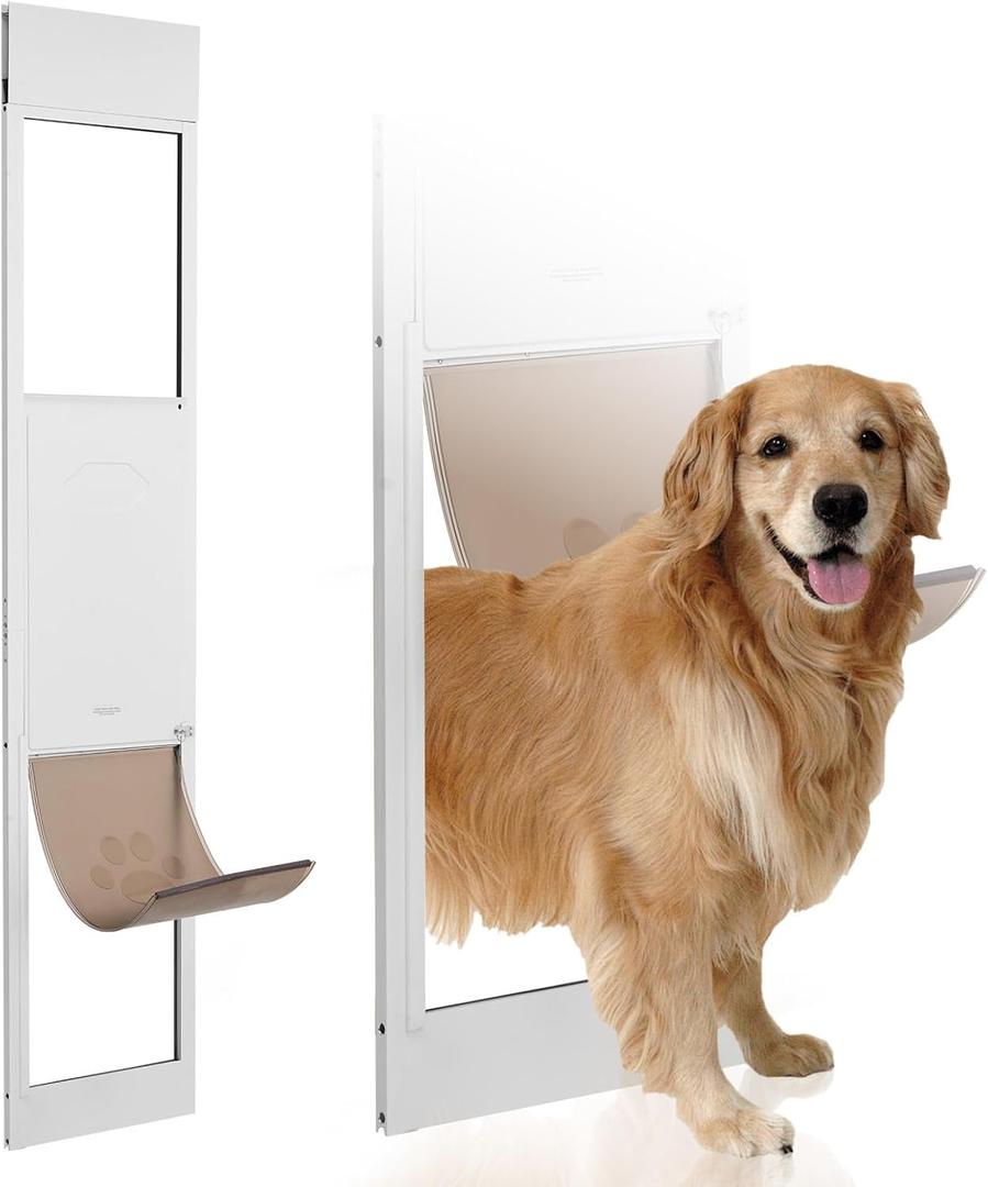 VEVOR Dog Door for Sliding Glass Door, 75 7/8"-80 11/16" Adjustable Height Doggy Door for Sliding Doors, Aluminum Frame Tempered Glass Pet Door with Hinge Structure Flap and Lock (X-Large) (White)