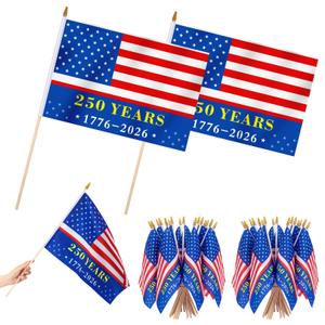 Newwiee 50 Pcs 250 Anniversary Handheld Flags American Flags on Stick with Safety Spear Top for 250th Anniversary Independence Memorial Day 4th of July Yard Garden Decoration (12 x 18 Inch)
