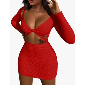 XXTAXN Women's Sexy Bodycon Deep V Neck Long Sleeve Cut Out Club Mini Dress (L, Red)