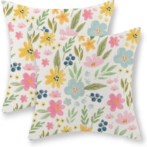Spring Pillow Covers 24x24 Set of 2 Watercolor Yellow Pink Blue Floral Throw Pillows Summer Spring Flowers Leaf Print Decor Pillowcase Farmhouse Outdoor Decorations Cushion Case for Couch Home
